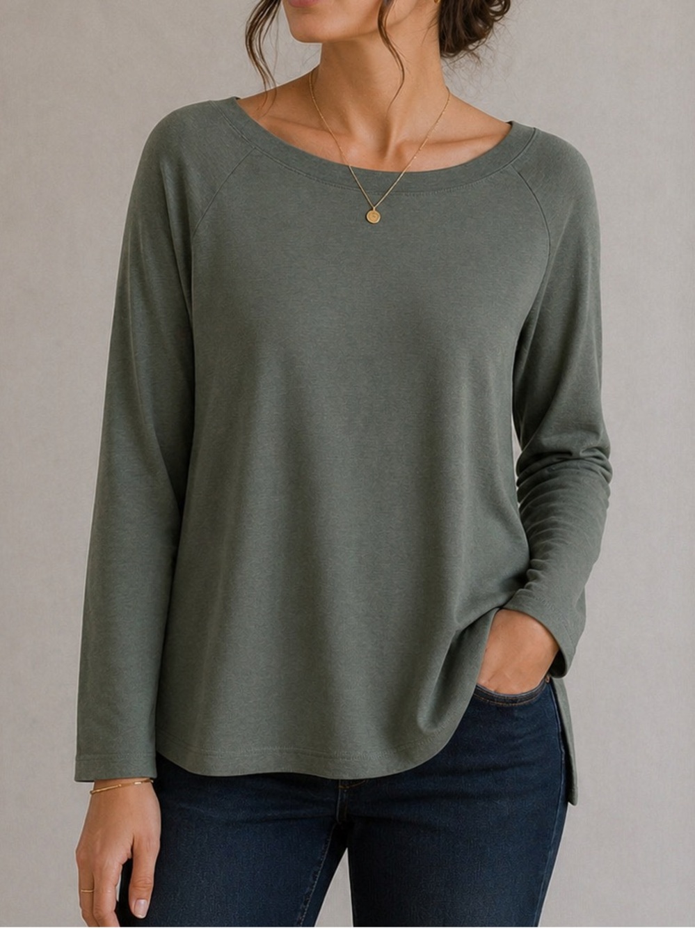 Eddie Bauer Olive Green Long Sleeve Scoop Neck Top